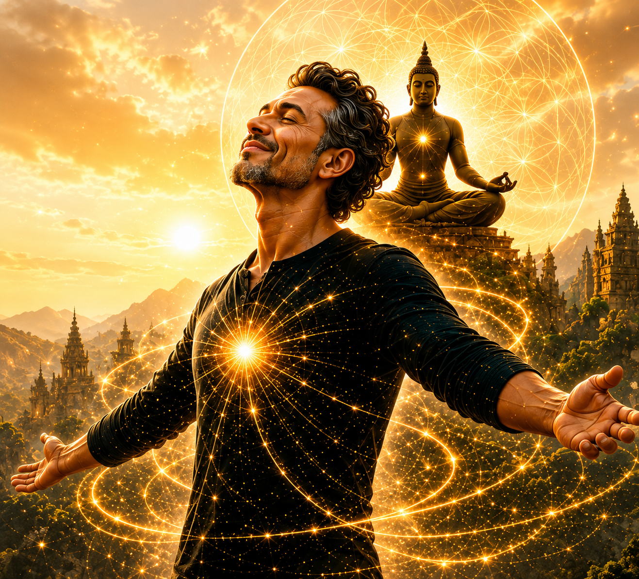 Meditating figure surrounded by radiant chakra energy, with a temple in the background